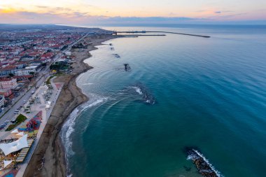 Karasu District in Sakarya, Turkey. Sunset landscape of Karasu. Aerial shooting with drone. clipart