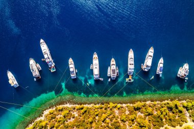 Bodrum 'daki Paradise Bay (Türkçe: Cennet Koyu). Mugla, hindi. Mavi deniz ve doğa ile Bodrum 'un en güzel koylarından biri. İHA atışı.