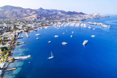 Yalikavak Bay of Bodrum. Mugla, Turkey. Panoramic view of Yalikavak marina and beach. Drone shot. clipart