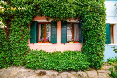 Venedik, İtalya 'daki Burano Adası. Burano 'da renkli geleneksel evler.