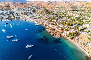 Bodrum Turkbuku Körfezi. Mugla, hindi. Türkbuku 'nun (Golturkbuku) havadan panoramik görüntüsü. Büyük Ada. İHA atışı.