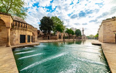 Şanlıurfa 'daki Balikligol (Balık Gölü). Halil-ur Rahman Gölü ve Rizvaniye Camii manzaralı. Sanliurfa 'da en çok ziyaret edilen yer Balikligol..