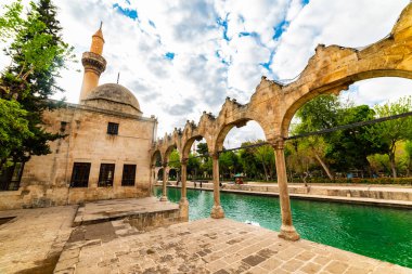 Şanlıurfa 'daki Balikligol (Balık Gölü). Halil-ur Rahman Gölü ve Rizvaniye Camii manzaralı. Sanliurfa 'da en çok ziyaret edilen yer Balikligol..