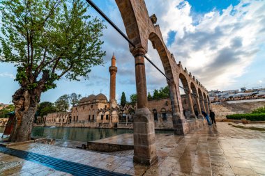 Şanlıurfa, Türkiye - 3 Nisan 2025: Şanlıurfa, Türkiye 'de Balikligol (Balık Gölü). Halil-ur Rahman Gölü ve Rizvaniye Camii manzaralı. Sanliurfa 'da en çok ziyaret edilen yer Balikligol..