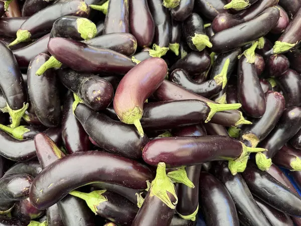 Taze patlıcan. Bir pazarda sergilenen patlıcan.