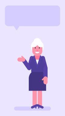 Yaşlı iş kadını elini gösterip gülümsüyor. Düz insanlar. Vektör illüstrasyonu