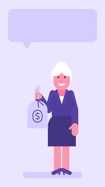 Vieja Mujer Negocios Sosteniendo Bolsa Dinero Sonriendo Gente Plana Ilustración — Vector de stock