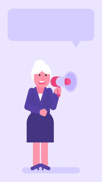 Une Vieille Femme Affaires Parle Mégaphone Des Gens Plats Illustration — Image vectorielle