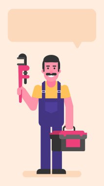 Boru anahtarı ve aletlerle dolu bavulu tutan tamirci. Düz insanlar. Vektör illüstrasyonu