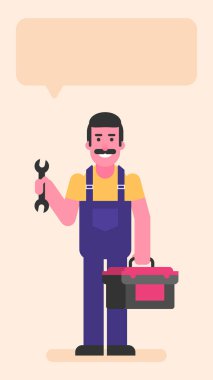 Tamirci elinde küçük bir anahtar ve alet çantası tutuyor. Düz insanlar. Vektör illüstrasyonu