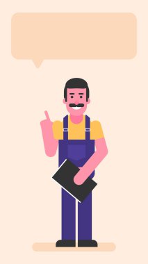 Tamirci parmağıyla işaret ediyor ve klasörü belgelerle tutuyor. Düz insanlar. Vektör illüstrasyonu