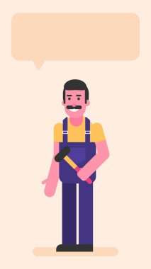 Tamirci, elinde küçük bir çekiç ve gülümseme tutan dörtte üç yüz. Düz insanlar. Vektör illüstrasyonu