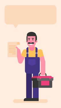 Tamirci, dörtte üçünün elinde evrak ve alet çantası var. Düz insanlar. Vektör illüstrasyonu