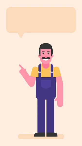 Repairman Points Finger Smiles Flat People Vector Illustration — Stock Vector