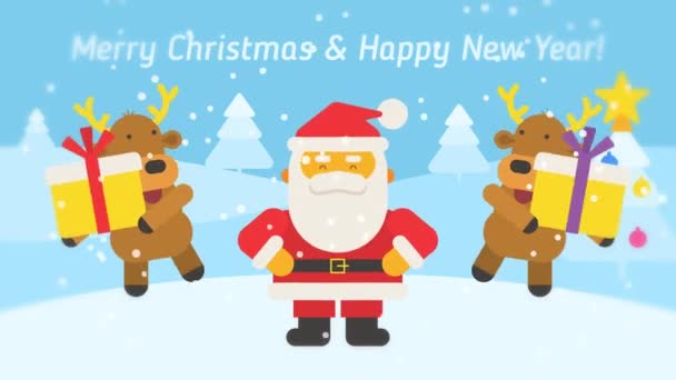 圣诞老人和驯鹿舞蹈 并祝贺你圣诞快乐和新年快乐 向显卡致意 循环动画 — 图库视频影像