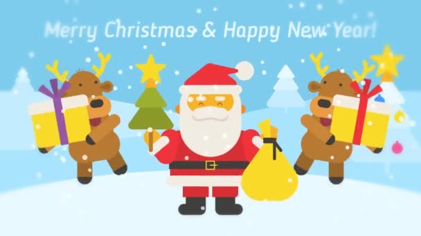 Der Weihnachtsmann Hält Tütchen Mit Geschenken Und Tanzt Mit Zwei — Stockvideo