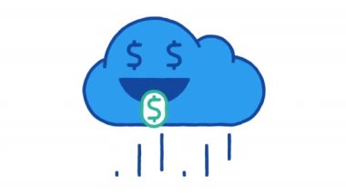 Rain cloud shows tongue with dollar sign. Alpha channel. Looped animation