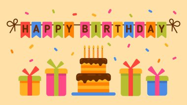 Doğum günün kutlu olsun. Mumlu kek. Tebrik kartı. Vektör İllüstrasyonu