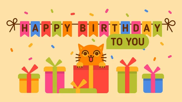 Happy Birthday You Cat Gift Box Greeting Card Vector Illustration — Stock Vector