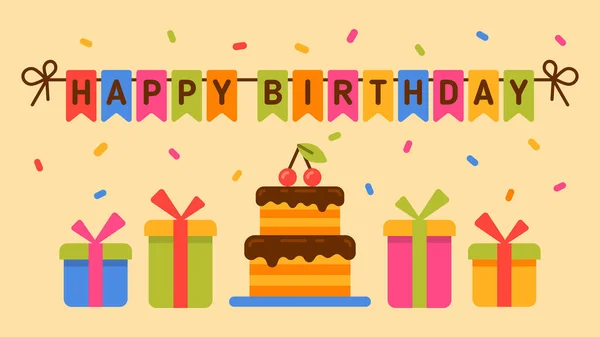 Happy Birthday Cherry Cake Greeting Card Vector Illustration — Stock Vector
