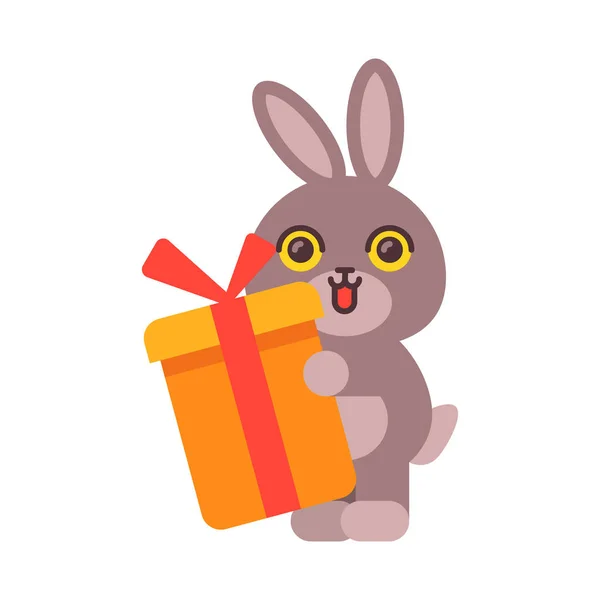 Bunny Holding Gift Smiling Funny Character Vector Illustration — Stock Vector