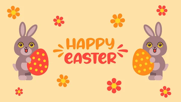 Feliz Pascua Dos Conejos Sosteniendo Huevos Tarjeta Felicitación Ilustración Vectorial — Archivo Imágenes Vectoriales