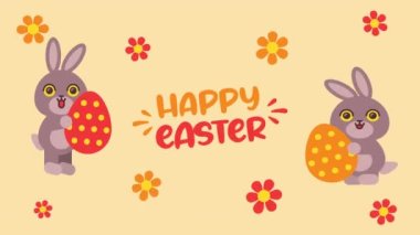 Mutlu Paskalyalar. Yumurta tutan ve zıplayan iki tavşan. Video kartını selamlıyorum. Döngülü canlandırma