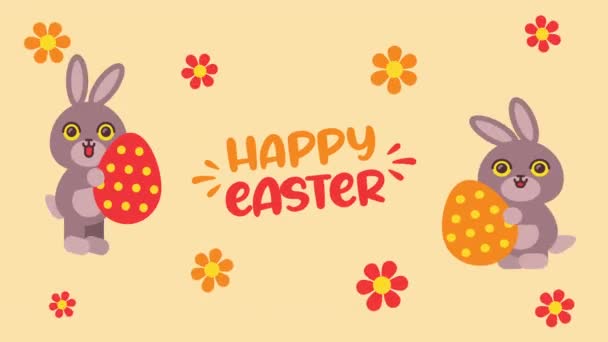 Szczęśliwego Wielkanocy Dwa Króliczki Trzymające Jajko Skaczące Pozdrawiam Kartkę Wideo — Wideo stockowe