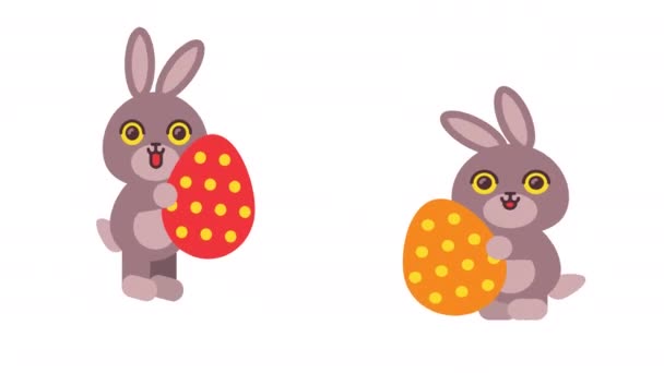 Due Coniglietti Che Tengono Uovo Saltano Canale Alfa Animazione Loop — Video Stock