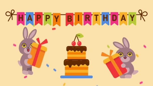 誕生日おめでとう チェリーとケーキ 2匹のウサギがギフトボックスを持って飛び跳ねる ビデオカードをありがとう ループアニメーション — ストック動画