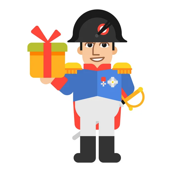 Napoleon Bonaparte Holding Gift Box Smiling Funny Character Vector Illustration — Stock Vector