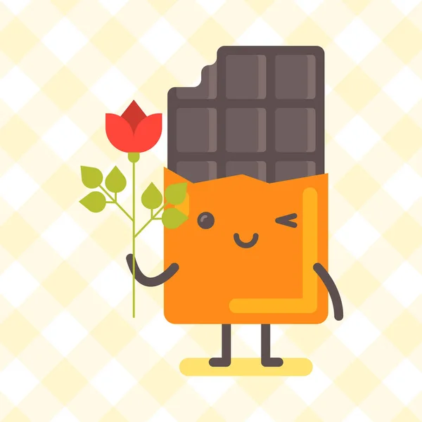 Chocolate Character Holding Rose Winking Funny Character Vector Illustration — Stock Vector