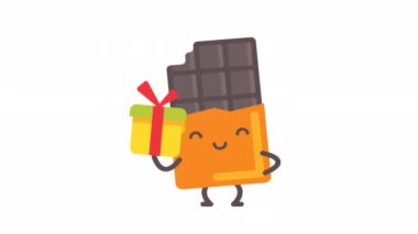 Çikolatalı karakter hediye kutusu tutuyor ve gülümsüyor. Alfa kanalı. Döngülü canlandırma