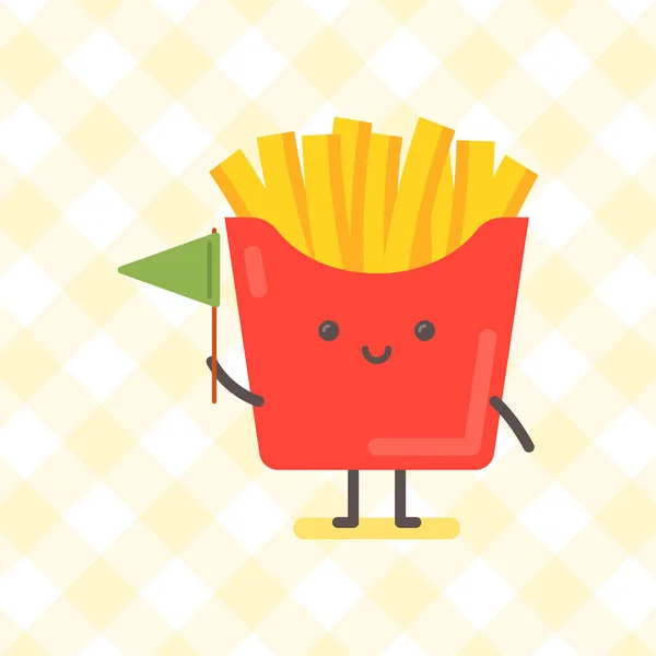 French Fries Character Holding Green Flag Smiling Funny Character Vector — Stock Vector