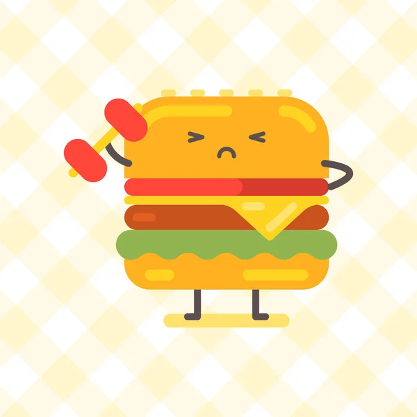 Hamburger Character Holding Dumbbell Funny Character Vector Illustration — Stock Vector