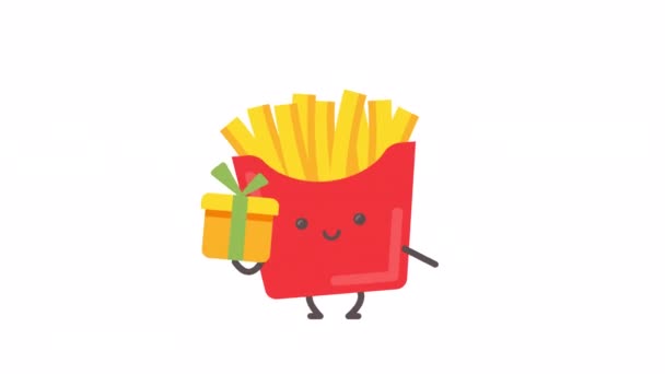 French Fries Character Holding Gift Box Winks Alpha Channel Looped — Stock Video