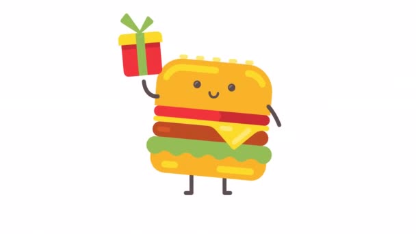 Hamburger Character Holding Gift Box Winks Alpha Channel Looped Animation — Stock Video