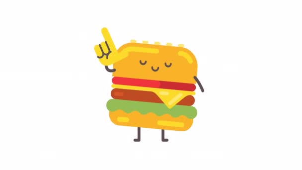 ハンバーガーのキャラクターは指を指して笑顔になります アルファチャンネル ループアニメーション — ストック動画