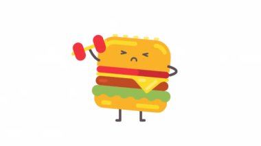 Hamburger karakterinin elinde dambıl var. Alfa kanalı. Döngülü canlandırma