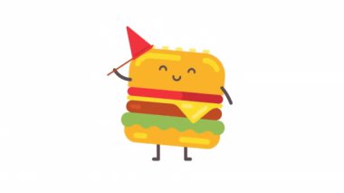 Hamburger karakterinin elinde kırmızı bayrak var ve gülümsüyor. Alfa kanalı. Döngülü canlandırma