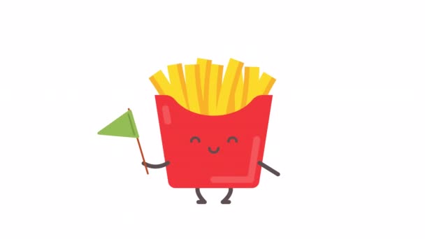 Patatine Fritte Personaggio Con Bandiera Verde Sorridente Canale Alfa Animazione — Video Stock