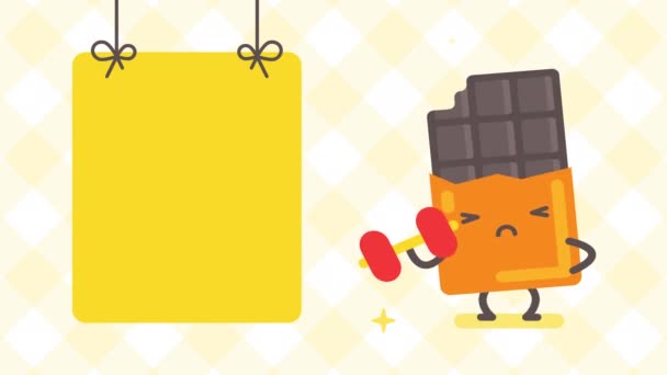 Empty Banner Chocolate Character Holding Dumbbell Looped Animation — Stock Video