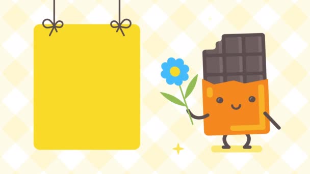 Boş Afiş Elinde Çiçek Tutan Çikolata Karakteri Döngülü Canlandırma — Stok video