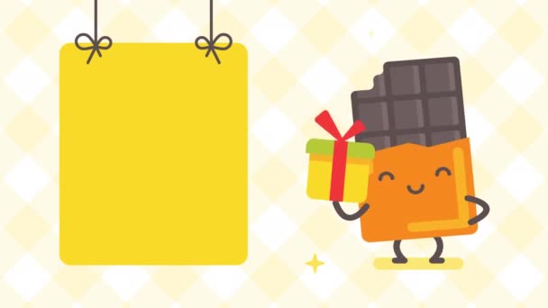 Banner Vazio Caráter Chocolate Segurando Caixa Presente Animação Loop — Vídeo de Stock