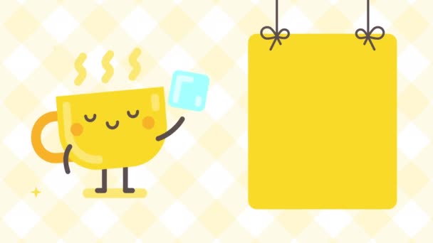 Banner Vacío Carácter Taza Que Sostiene Cubo Azúcar Animación Bucle — Vídeos de Stock