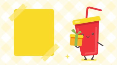 Boş pankart ve elinde hediye kutusu olan içki karakteri. Döngülü canlandırma