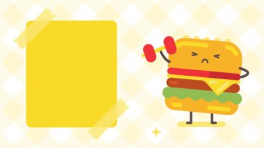 Boş pankart ve elinde dambıl tutan hamburger karakteri. Döngülü canlandırma