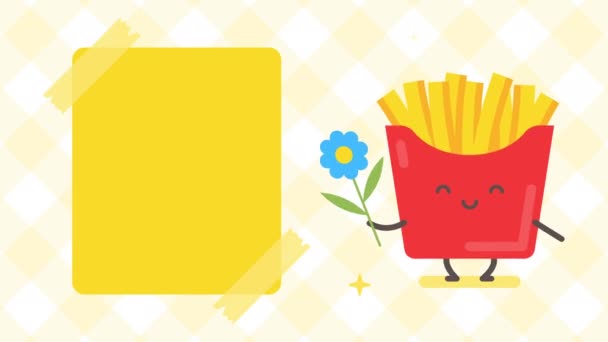 Empty Banner French Fries Character Holding Flower Looped Animation — Stock Video