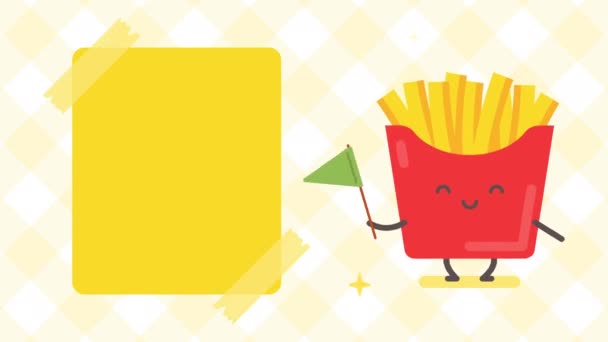 Empty Banner French Fries Character Holding Green Flag Looped Animation — Stock Video