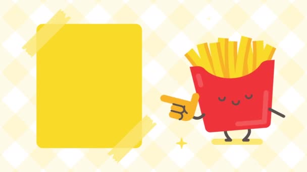 Empty Banner French Fries Character Pointing Finger Looped Animation — Stock Video